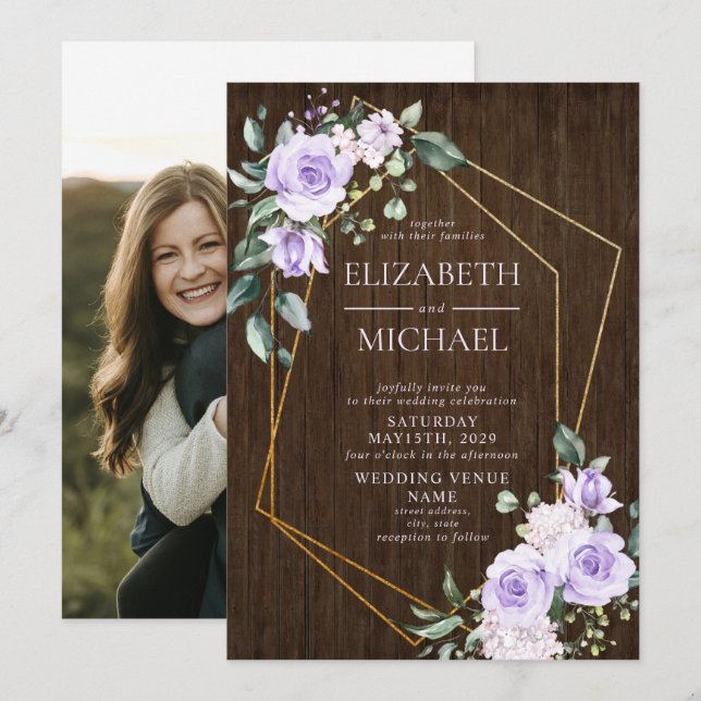 Rustic Gold Geometric Lilac Floral Wood Photo Invitation (Front/Back)