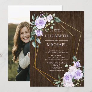 Rustic Gold Geometric Lilac Floral Wood Photo Invitation