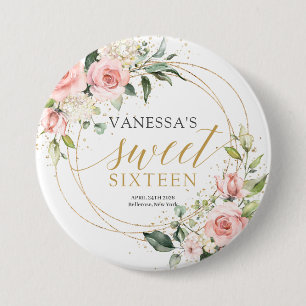 Rustic gold glitter blush roses green 16th b-day 7.5 cm round badge