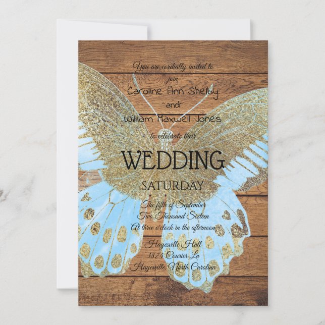 Rustic Gold Glitter Butterfly Wedding Invitation (Front)