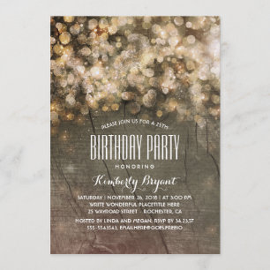 Rustic Gold Glitter Lights Wood Birthday Party Invitation