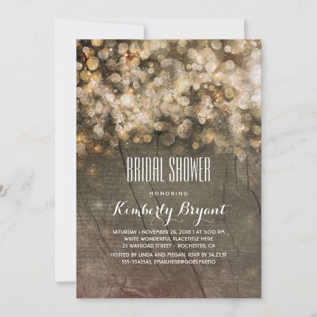 Rustic Gold Glitter Lights Wood Bridal Shower Invitation (Front)