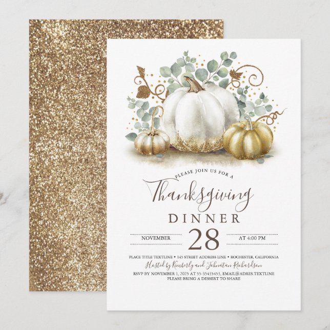 Rustic Gold Glitter Pumpkins Thanksgiving Dinner Invitation (Front/Back)