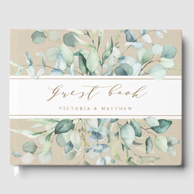 Rustic Gold Green Botanical Wedding Guest Book (Front)