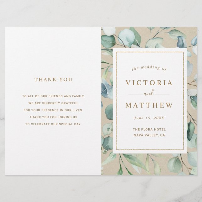 Rustic Gold Green Watercolor Wedding Program (Front)