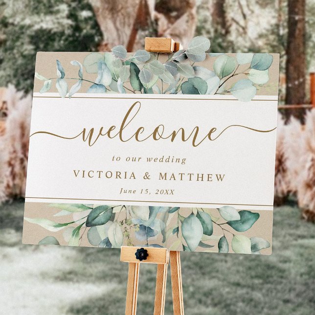 Rustic Gold Green Watercolor Wedding Welcome Sign (Creator Uploaded)