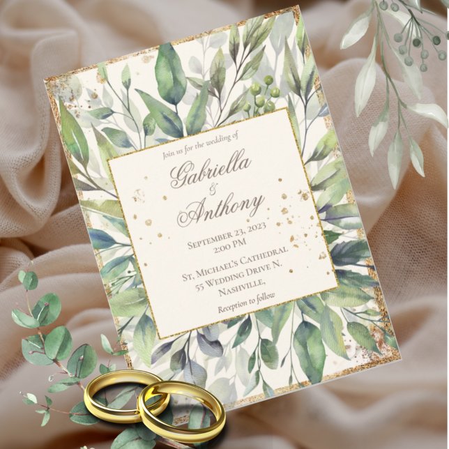 Rustic Gold Greenery Leaves Watercolor Wedding  Invitation (Creator Uploaded)