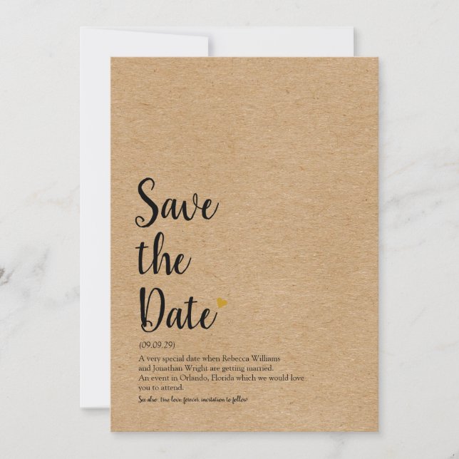 Rustic Gold Heart Script Save the Date Definition Invitation (Front)