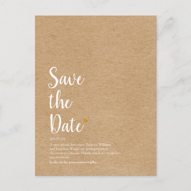 Rustic Gold Heart Script Save the Date Definition Postcard (Front)