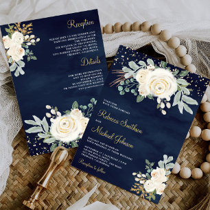 Rustic Gold Ivory Floral All in One Navy Wedding Invitation