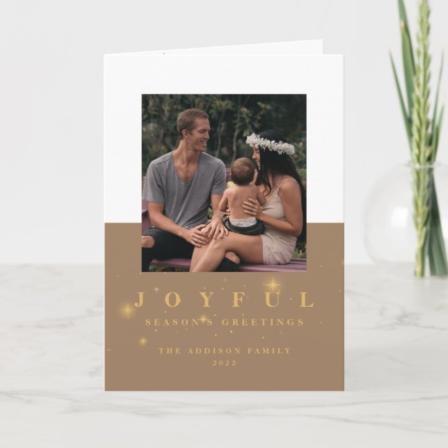 Rustic Gold Joyful 2 Photo Christmas Holiday Card (Front)
