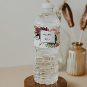 Rustic Gold Leaves and Floral Calligraphy Wedding Water Bottle Label