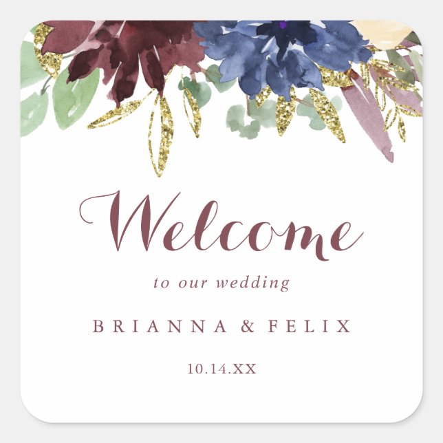 Rustic Gold Leaves and Floral Wedding Welcome Square Sticker (Front)
