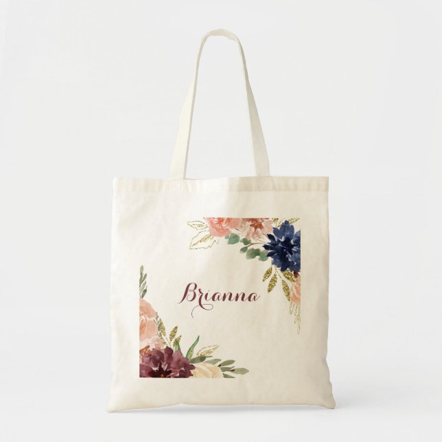 Rustic Gold Leaves Calligraphy Bridesmaid Tote Bag (Front)