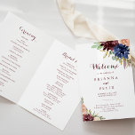Rustic Gold Leaves Calligraphy Folded Wedding Programme<br><div class="desc">This rustic gold leaves calligraphy folded wedding program is perfect for a modern wedding. The design features hand-drawn watercolor purple,  navy,  blush,  burgundy,  navy flowers,  green and gold leaves.

Include a quote or short message,  order of service,  wedding party and thank you message.</div>