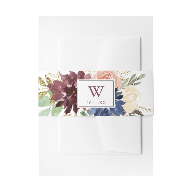 Rustic Gold Leaves Floral Monogram Wedding Invitation Belly Band (Front Example)