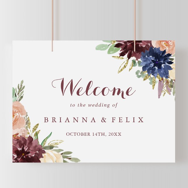 Rustic Gold Leaves Floral Wedding Welcome Sign (Creator Uploaded)