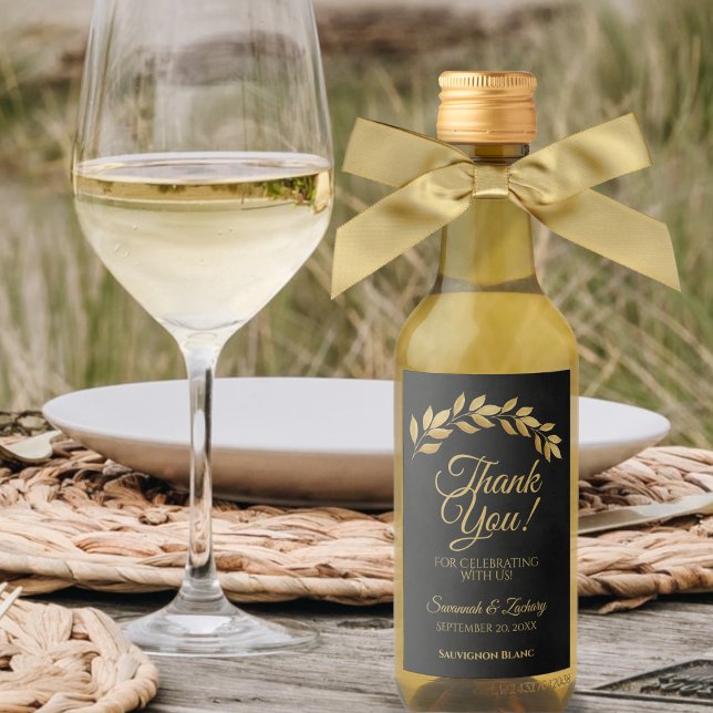 Rustic Gold Leaves on Black Wedding Thank You Mini Wine Label (Creator Uploaded)