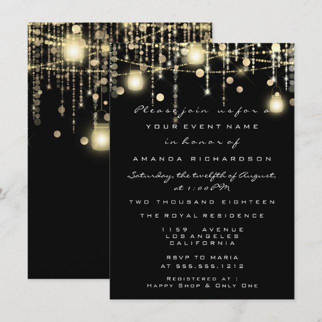 Rustic Gold Lights Jar Black Roses Wedding Invitation (Front/Back)