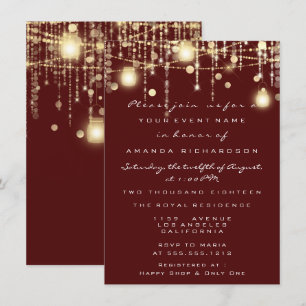 Rustic Gold Lights Jar Burgundy Roses Wedding Invitation