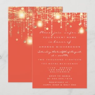 Rustic Gold Lights Jar Coral Roses Wedding Invitation