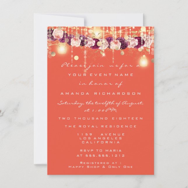 Rustic Gold Lights Jar Coral Roses Wedding Invitation (Front)