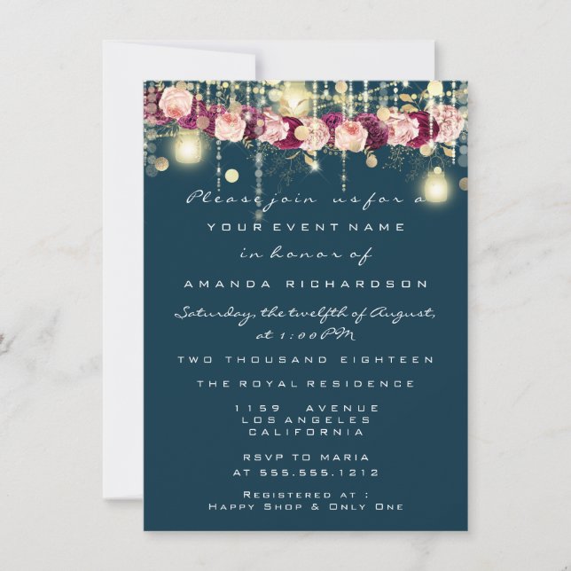 Rustic Gold Lights Jar Navy Roses Wedding Invitation (Front)