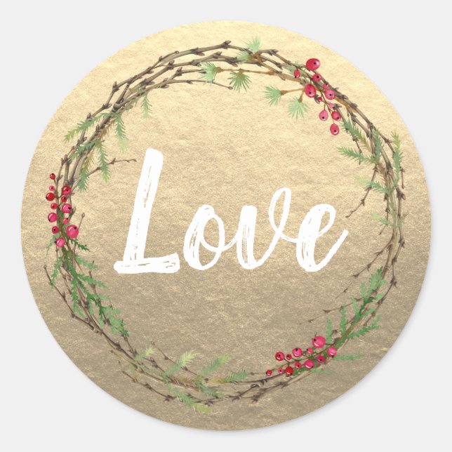 Rustic Gold Love Christmas Wreath Classic Round Sticker (Front)