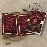 Rustic Gold Maroon Red Damask Muslim Wedding Invitation<br><div class="desc">Amaze your guests with this elegant folded wedding invite featuring faux gold foil accents and beautiful damask pattern with 'Bismillah' in Arabic calligraphy. Simply add your event details on this easy-to-use template to make it a one-of-a-kind invitation.</div>