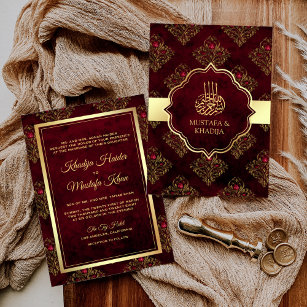 Rustic Gold Maroon Red Damask Muslim Wedding Invitation