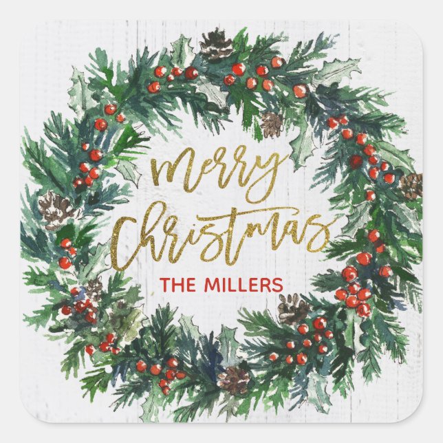 Rustic Gold Merry Christmas Wreath Holiday Square Sticker (Front)