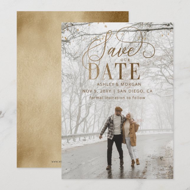 Rustic Gold Minimal Modern Photo Save The Date (Front/Back)