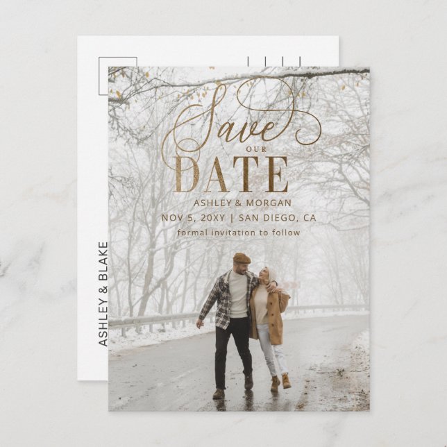 Rustic Gold Modern Minimalist Photo Save the Date Announcement Postcard (Front/Back)