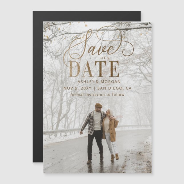 Rustic Gold Modern Minimalist Photo Save the Date Magnetic Invitation (Front/Back)