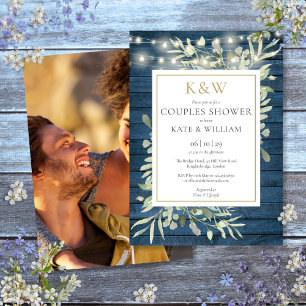Rustic Gold Monogram Greenery Photo Couples Shower Invitation
