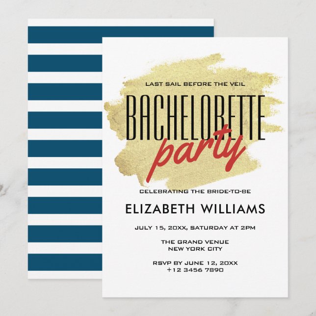 Rustic Gold Nautical Blue Bachelorette Weekend Invitation (Front/Back)