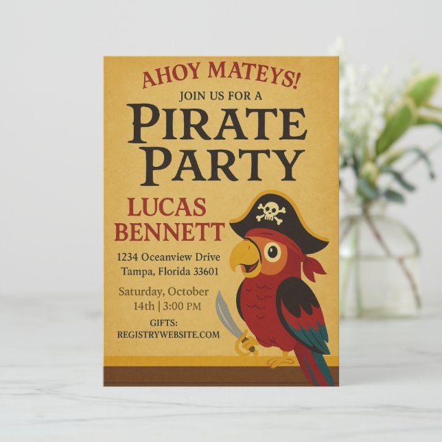 Rustic Gold Nautical Pirate Parrot Birthday Invitation (Standing Front)
