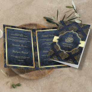 Rustic Gold Navy Blue Damask Muslim Wedding Invitation