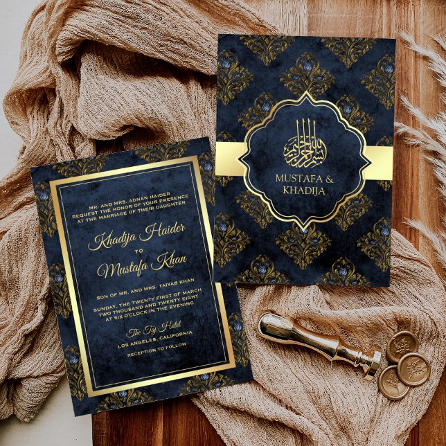 Rustic Gold Navy Blue Damask Muslim Wedding Invitation (Creator Uploaded)