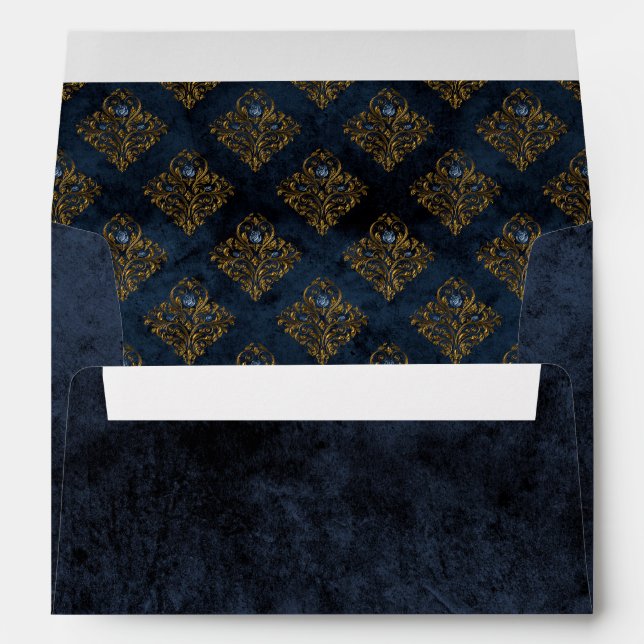 Rustic Gold Navy Blue Damask Wedding Envelope (Back (Bottom))