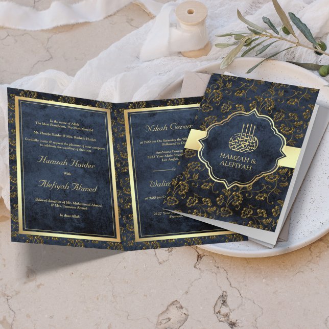 Rustic Gold Navy Blue Filigree Muslim Wedding Invitation (Creator Uploaded)