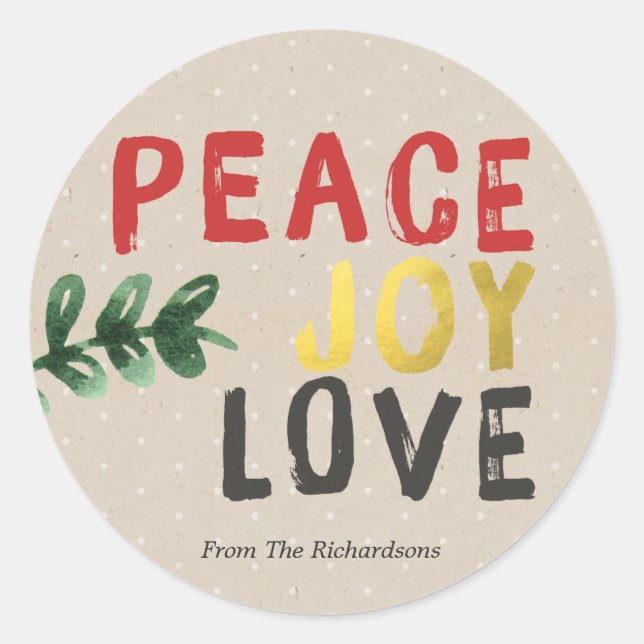 Rustic Gold Peace Joy and Love Christmas Sticker (Front)