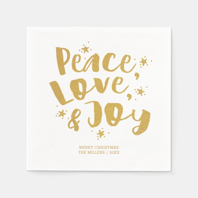 Rustic Gold Peace Love & Joy Holiday Christmas Napkin (Front)