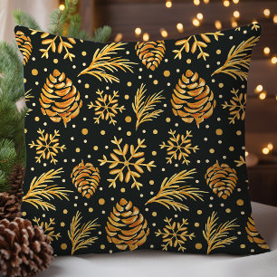 Rustic Gold Pinecone and Snowflake Cushion