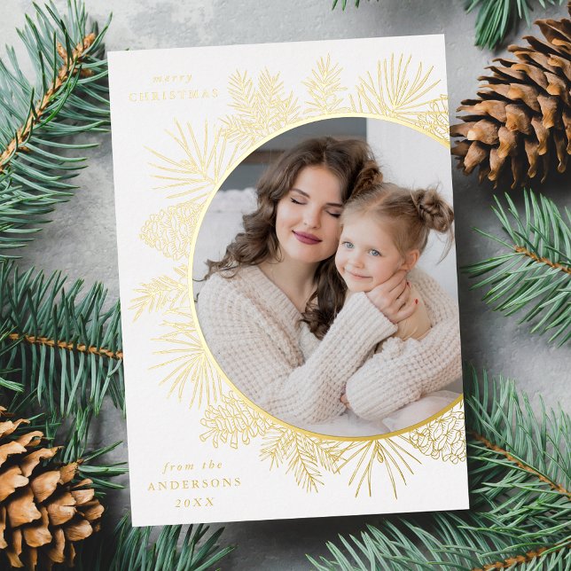 Rustic Gold Pinecones Photo Foil Holiday Card (Creator Uploaded)
