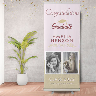 Rustic Gold Pink 2022 Graduate 2 Photo Graduation Retractable Banner