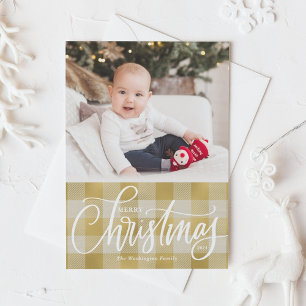 Rustic Gold Plaid Merry Christmas Photo Holiday Card