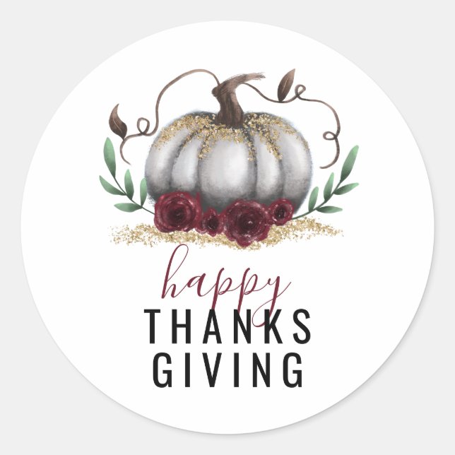Rustic Gold Pumpkin Happy Thanksgiving Classic Round Sticker (Front)