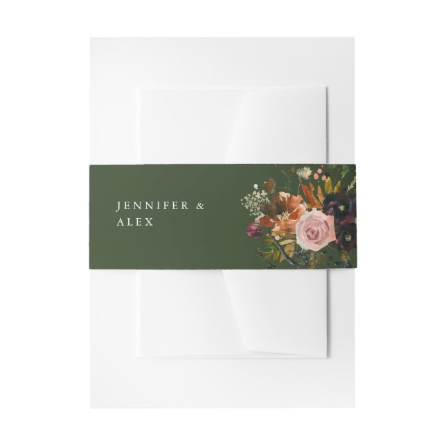 Rustic Gold, Purple & Blush Pink Floral 4 v2 Green Invitation Belly Band (Front Example)