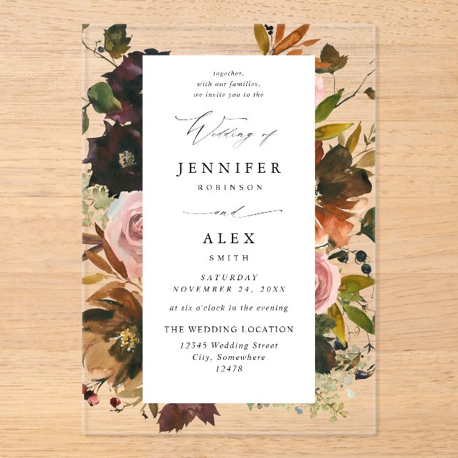 Rustic Gold, Purple, & Pink Floral 4 Acrylic Invitations (Front)
